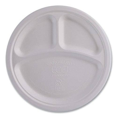 Bowls and Plates | Eco-Products EP-P007NFA Vanguard 10 in. diameter 3-Compartment Renewable and Compostable Sugarcane Plates - White (500/Carton) image number 0