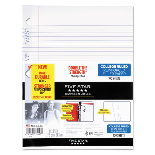 Five Star 17010 8.5 in. x 11 in., 3-Hole, College Rule, Reinforced Filler Paper - White (100/Pack) image number 0