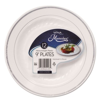 WNA RSMP91210WS 9 in. Diameter Masterpiece Plastic Plates - White/Silver (120/Carton)