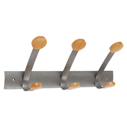 Office Jansan | Alba PMV3 45 lb Capacity 3-Peg Wooden Coat Hook Wall Rack - Brown/Silver image number 0