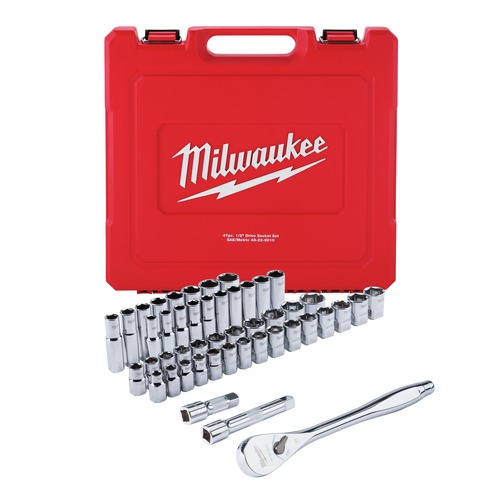 Socket Sets | Milwaukee 48-22-9010 47-Piece 1/2 in. Drive Metric and SAE Ratchet and Socket Set with FOUR FLAT Sides image number 0