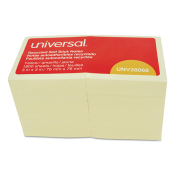 Universal UNV28068 100-Sheet Recycled 3 in. x 3 in. Self-Stick Note Pads - Yellow (18/Pack)