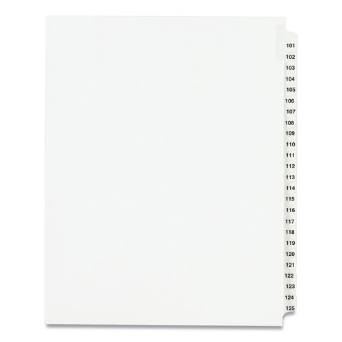 Office Jansan | Avery 01334 11 in. x 8.5 in. 25-Tab 101 to 125 Avery Style Preprinted Legal Exhibit Side Tab Index Dividers - White (1-Set) image number 0