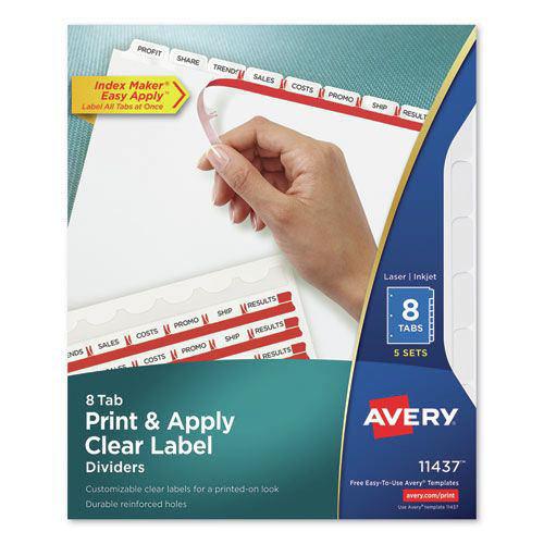 Office Jansan | Avery 11437 Index Maker 11 in. x 8.5 in. 8-Tab Print and Apply Clear Label Dividers - White (5/Pack) image number 0