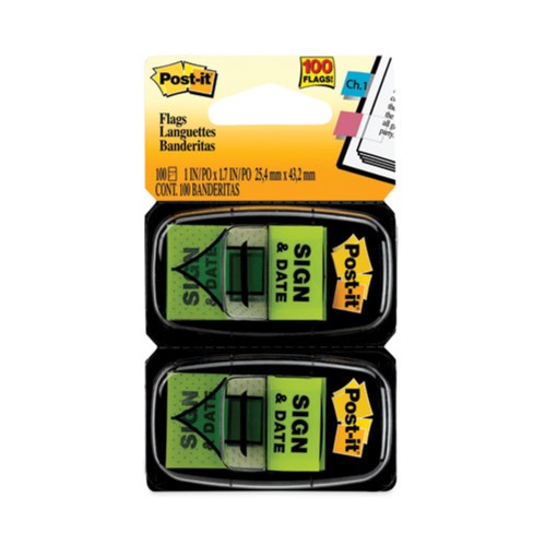 Mothers Day Sale! Save an Extra 10% off your order | Post-it Flags 680-SD2 1 in. "Sign and Date" Arrow Message Page Flags - Green (50-Flags/Dispenser, 2-Dispensers/Pack) image number 0