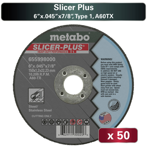 Grinding Wheels | Metabo US655998050 50-Piece A60TX Slicer Plus T1 6 in. x 0.45 in. x 7/8 in. Cutting Wheel Pack image number 0