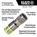 Klein Tools VDV812-606 Universal Compression Male F-Connector for RG6/6Q Coaxial Cable (10-Pack) image number 1