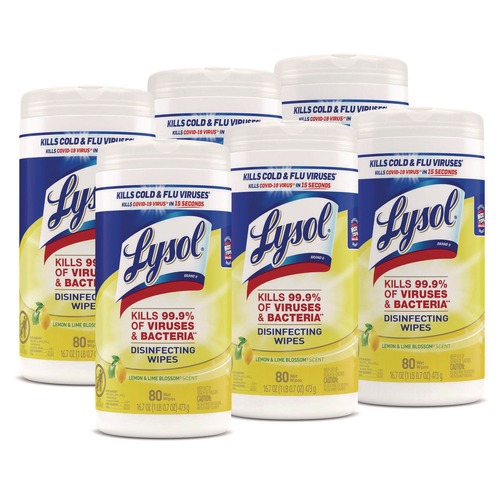 Disinfectants | LYSOL Brand 19200-77182 1 Ply 7 in. x 7.25 in. Lemon and Lime Blossom Disinfecting Wipes - White (6/Carton) image number 0