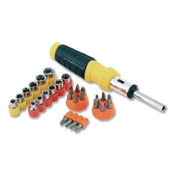Great Neck 34-Piece 8 in. Long Handle Hex/Phillips/Slotted/Star Bits Metric/SAE Sockets Ratcheting Screw/Nut Driver Set - Yellow/Black Handle