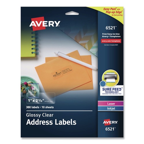 Office Jansan | Avery 06521 1 x 2.63 Easy Peel Mailing Labels with Sure Feed Technology - Glossy Clear (300/Pack) image number 0