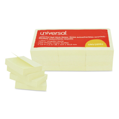  | Universal UNV28062 1.5 in. x 2 in. Recycled Self-Stick Note Pads - Yellow (12 Pads/Pack) image number 0