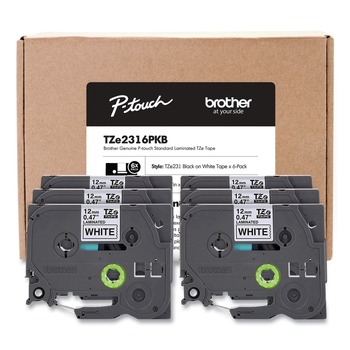 Brother P-Touch 0.5 in. TZe Series Standard Adhesive Laminated Labeling Tape - Black on White (6/Pack)