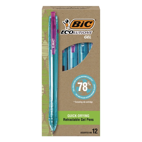 Pens | BIC RGLE11-AST Medium 1 mm Ecolutions Retractable Gel Pen - Assorted Ink Colors, Blue Barrel (12/Pack) image number 0
