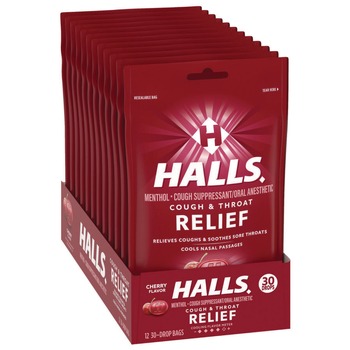 HALLS Triple Action Cough Drops - Cherry (30/Bag, 12 Bags/Box)