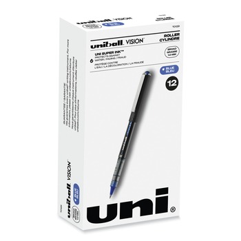uni-ball Bold 1 mm Stick VISION Roller Ball Pen - Blue Ink, Black/Blue/Clear Barrel (1 Dozen)