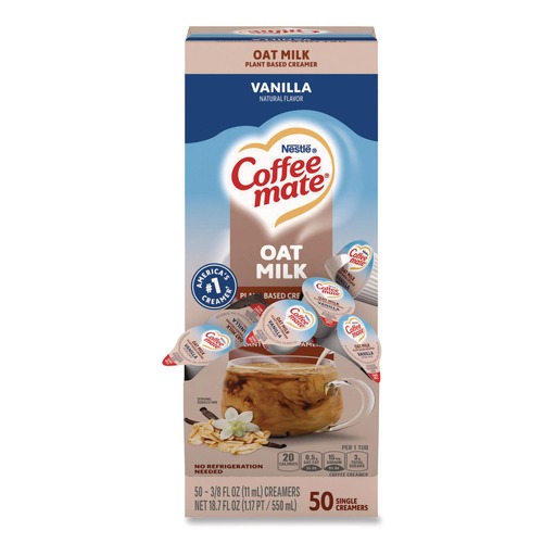 Food Service | Coffee-Mate 12536842 0.38 oz Mini Cups Plant-Based Oat Milk Liquid Creamers - Natural Vanilla (50/Box) image number 0
