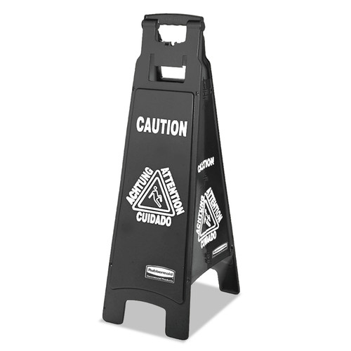  | Rubbermaid Commercial 1867509 Executive 4-Sided Multi-Lingual 11-9/10 in. x 38 in. Caution Sign - Black/White image number 0