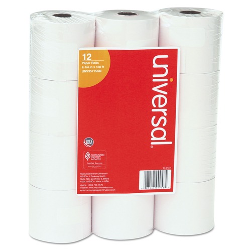  | Universal UNV35715GN Impact/Inkjet Print 0.5 in. Core 2.25 in. x 130 ft. Bond Paper Rolls - White (12/Pack) image number 0