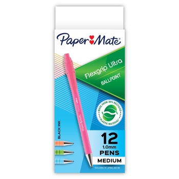Paper Mate 1 mm Medium FlexGrip Ultra Recycled Retractable Ballpoint Pen - Black Ink, Assorted Barrels (1-Dozen)