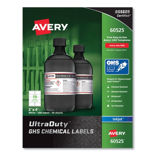  | Avery 60525 2 in. x 4 in. UltraDuty GHS Chemical Waterproof and UV Resistant Labels - White (10/Sheet, 50 Sheets/Pack) image number 0