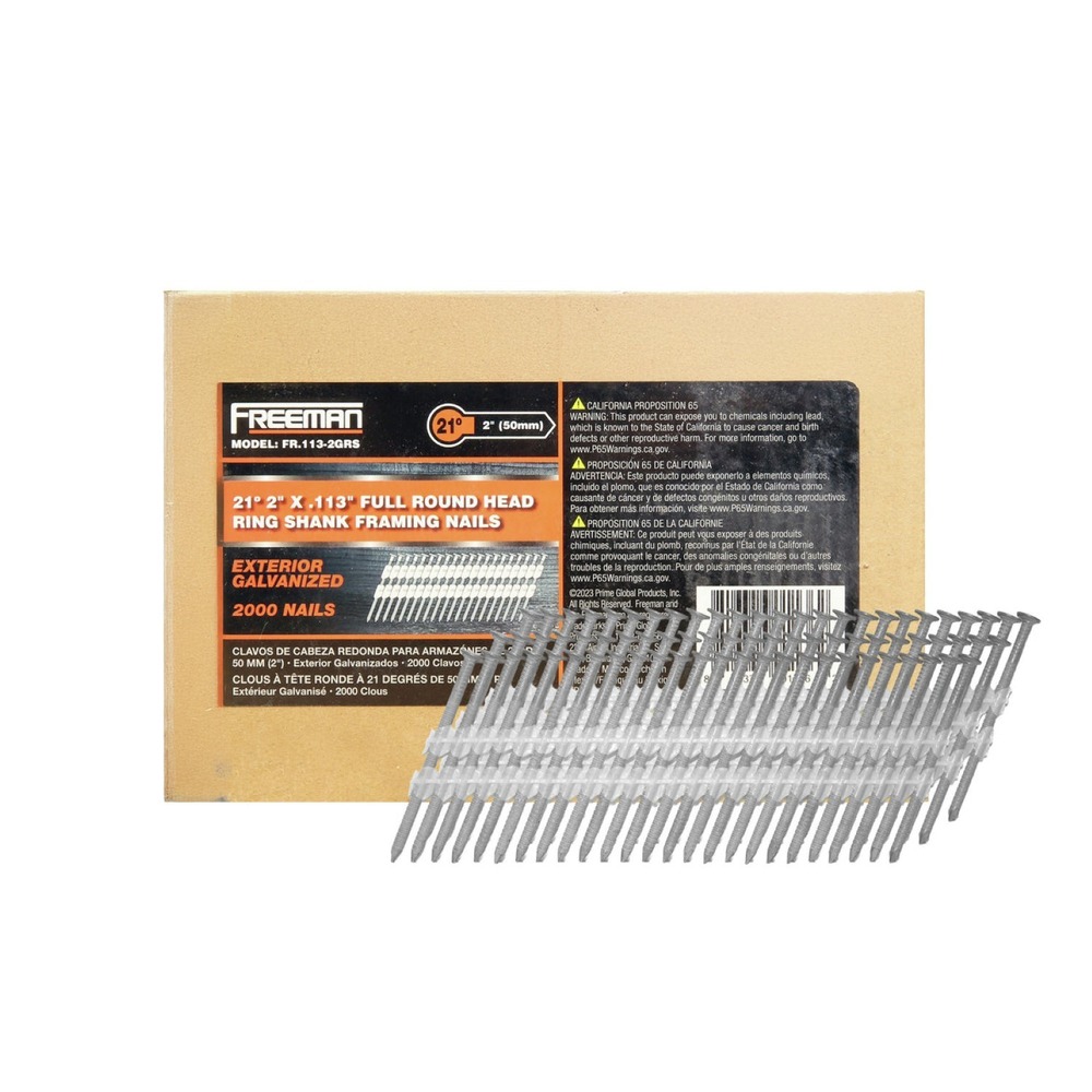 Freeman 21-Degree Framing Nails – 2-3/8 Inch, Ring Shank, Galvanized, 2000 Count – Great For Nail Guns