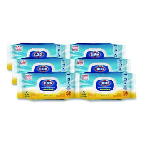 Cleaning Cloths | Clorox 31404 8 in. x 7 in. 1-Ply Easy Pull Pack Disinfecting Wipes - Lemon Scent White (6 Boxes/Carton) image number 0