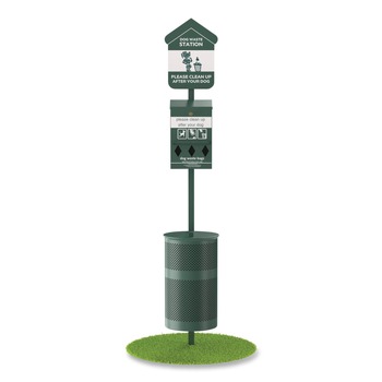 Furloo FLO1RSG Pet Waste Station with Roll Bag Locking Dispenser, 11.5 Gallon Round Lidded Trash Can, Pole, and Glow-in-the-Dark Sign