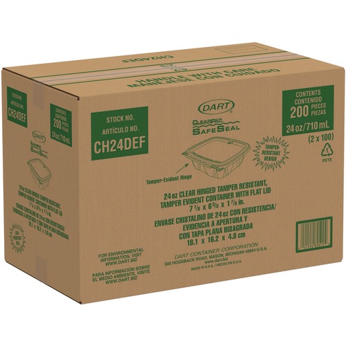 Food Trays, Containers, and Lids | Dart CH24DEF ClearPac SafeSeal 24 oz. Tamper-Resistant/Evident Flat-Lid Containers - Clear (100/Bag, 2 Bags/Carton) image number 0