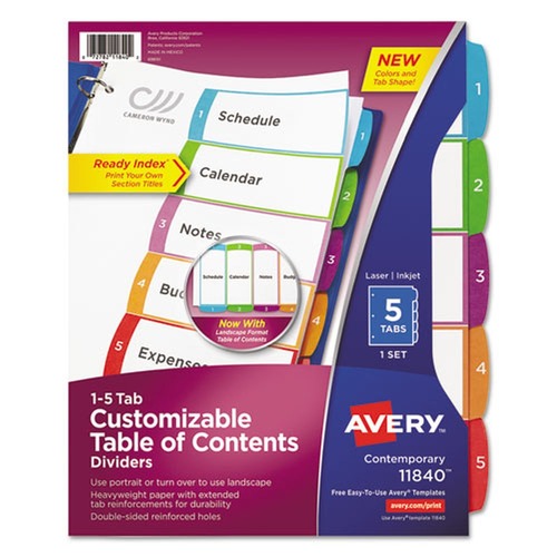 Office Jansan | Avery 11840 5-Tab 1 to 5 11 in. x 8-1/2 in. Contemporary Color Tabs Customizable TOC Ready Index Multicolor Tab Dividers - White (1 Set) image number 0