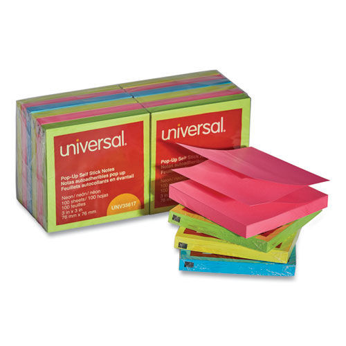 Office Jansan | Universal UNV35617 Fan-Folded 3 in. x 3 in. Self-Stick Pop-Up Notes - Assorted Neon/Yellow (12/Pack) image number 0
