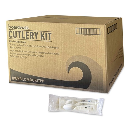 Food Service | Boardwalk BWK6COMBOKITPP 5.86 in. 6-Piece Mediumweight Plastic Cutlery Fork/Knife/Napkin/Pepper/Salt/Spoon Kit - White (250/Carton) image number 0