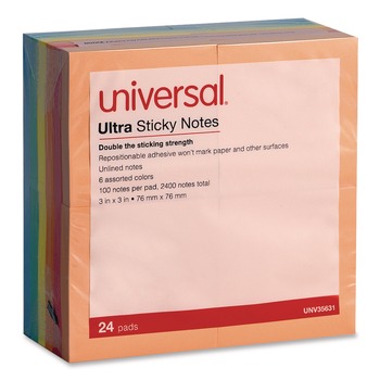 Universal Ultra Sticky Note Pads Note Ruled 4-in x 4-in Assorted Colors 100 Sheets/Pad 6 Pads/Pack