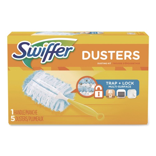 Dusters | Swiffer PGC11804KT Dust Lock Fiber 6 in. Handle Dusters Starter Kit - Blue/Yellow (1-Kit) image number 0