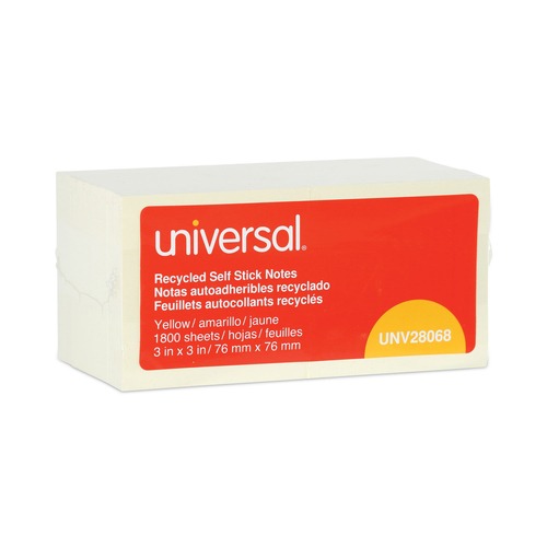 Office Jansan | Universal UNV28068 3 in. x 3 in. Recycled Self-Stick Note Pads - Yellow (18 Pads/Pack) image number 0