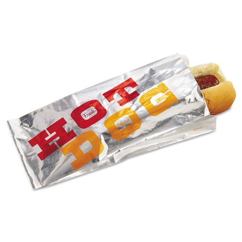 Just Launched | Bagcraft BGC 300455 "Hot Dog" Label 3.5 in. x 8.5 in. Foil Single-Serve Bags - Silver (1000/Carton) image number 0