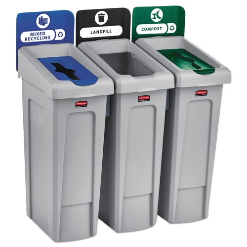 Trash & Waste Bins | Rubbermaid Commercial 2007918 Slim Jim 69 Gallon 3 Stream Landfill/Mixed Recycling/Compost Recycling Station Kit - Gray image number 0