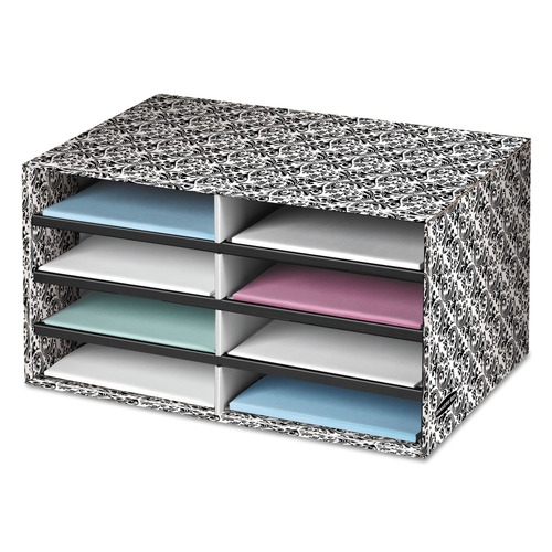 Office Jansan | Bankers Box 6171301 19.5 in. x 12.38 in. x 10.25 in. 8 Letter Compartments Decorative Sorter - Black/White Brocade image number 0