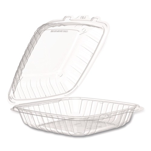Food Trays, Containers, and Lids | Dart 90PPHT1 9 in. x 8.75 in. x 3 in. ProPlanet Microwaveable Plastic Hinged Containers - Clear (150/Carton) image number 0
