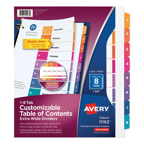 Office Jansan | Avery 11163 11 x 9.25 Customizable TOC Ready Index Multicolor Extra-Wide Tab Dividers - White (8-Pieces/Set) image number 0