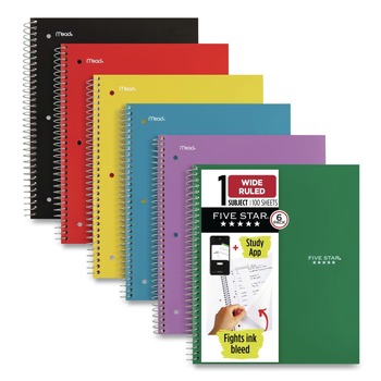 Five Star 10.5 x 8 Sheets 1-Subject Wide/Legal Rule Wirebound Notebook - Assorted Cover Colors (6/Pack)