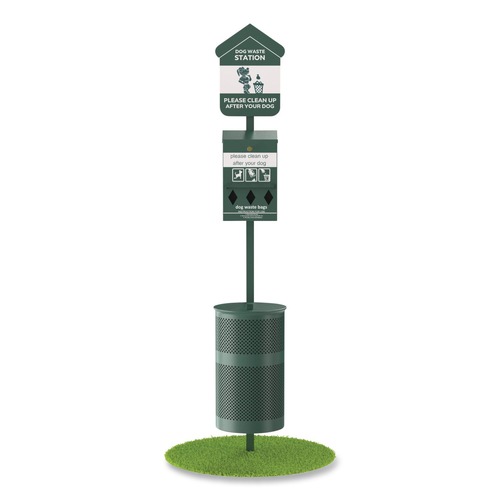 Trash & Waste Bins | Furloo FLO1RSG Pet Waste Station with Roll Bag Locking Dispenser, 11.5 Gallon Round Lidded Trash Can, Pole, and Glow-in-the-Dark Sign image number 0