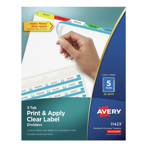 Office Jansan | Avery 11423 Index Maker 11 in. x 8.5 in. 5-Tab Traditional Color Print and Apply Clear Label Dividers - Assorted (25/Box) image number 0