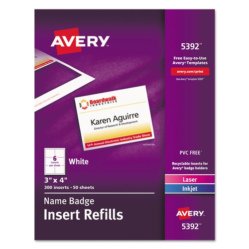 Office Jansan | Avery 05392 3 in. x 4 in. Horizontal/Vertical Name Badge Insert Refills - White (300/Box) image number 0
