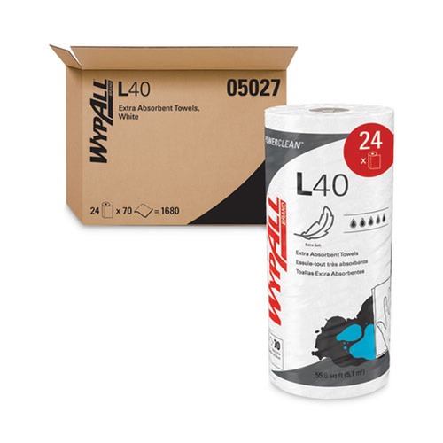 Facility Maintenance & Supplies | WypAll 05027 L40 Small Roll 10.4 in. x 11 in. Towels - White (70/Roll, 24 Rolls/Carton) image number 0