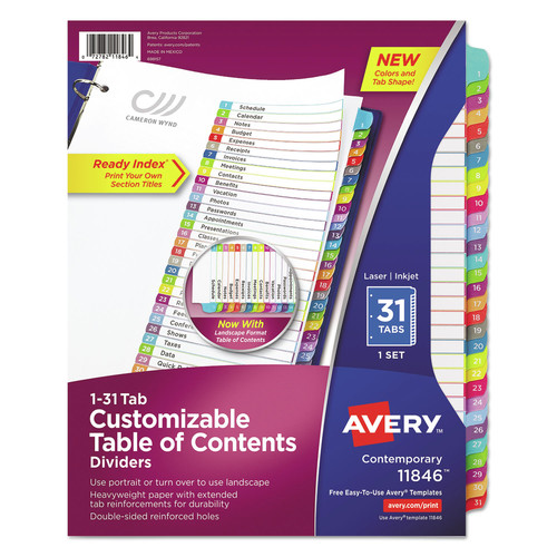 Office Jansan | Avery 11846 Ready Index 11 in. x 8.5 in. 1-Tab 1 to 31 Customizable TOC Dividers - White/Multicolor Tabs (1-Set) image number 0