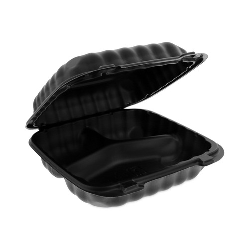 Food Trays, Containers, and Lids | Pactiv Corp. YCNB08030000 EarthChoice SmartLock 3-Compartment 8.3 in. x 8.3 in. x 3.4 in. Plastic Microwavable MFPP Hinged Lid Container - Black (200/Carton) image number 0