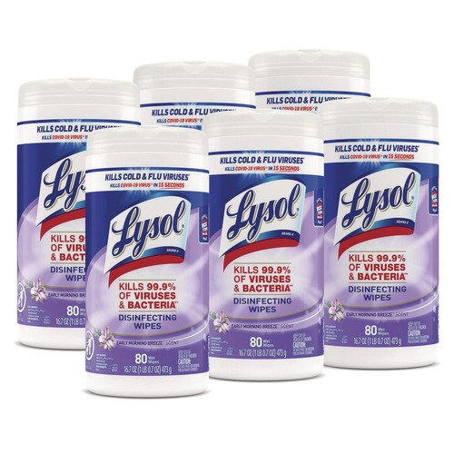 Cleaning & Janitorial Supplies | LYSOL Brand 19200-89347 7 in. x 7.25 in. 1-Ply Disinfecting Wipes - Early Morning Breeze, White (6 Canisters/Carton) image number 0