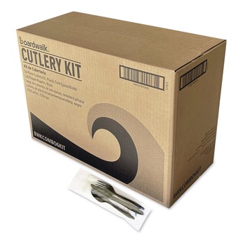 Boardwalk 6-Piece 5.86 in. Plastic Fork/Knife/Napkin/Pepper/Salt/Spoon Cutlery Kit - Black (250/Carton)