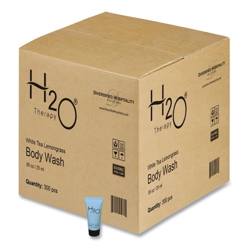 Cleaning & Janitorial Supplies | Diversified Hospitality Solutions H2O09W085 H2O Therapy 0.85 oz Single-Use Body Wash - White Tea and Lemongrass (300/Carton) image number 0