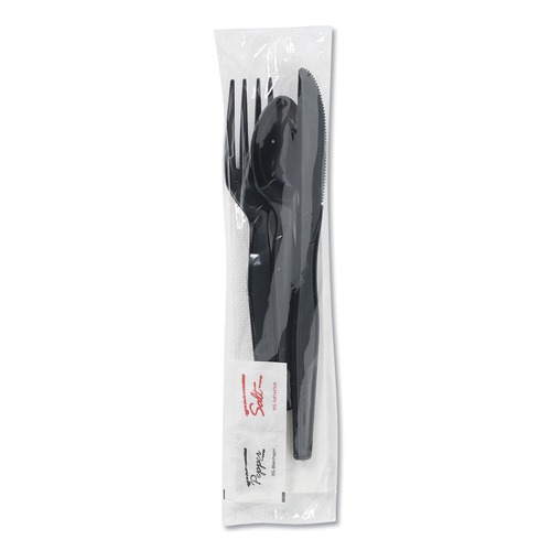 Cutlery | Dixie CH56NSPC7 Wrapped Fork/Knife/Spoon/Napkin Packets - Black (250/Carton) image number 0